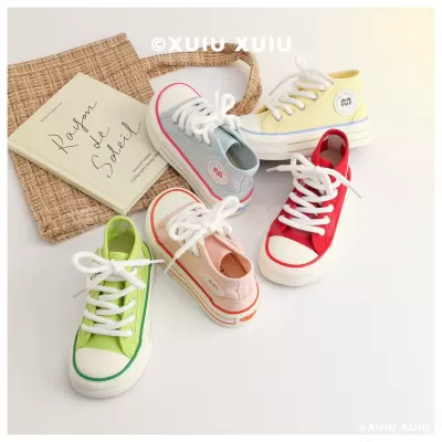 XSHX Spring Dopamine Kids Thin Canvas Mid-Top Shoes Hook and Loop Breathable Spring Summer