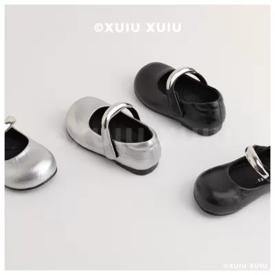 XSHX Metal Silver Wide Toe Girls Mary Jane Shoes Retro Shallow Silver Black