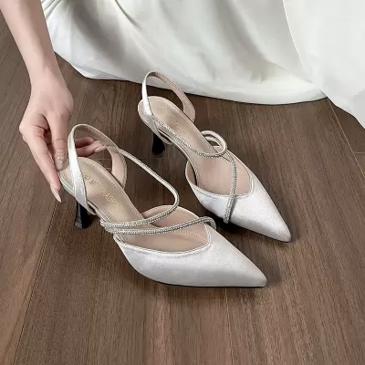 French Elegant Rhinestone Strap Stiletto Heels for Women, Closed Toe Banquet