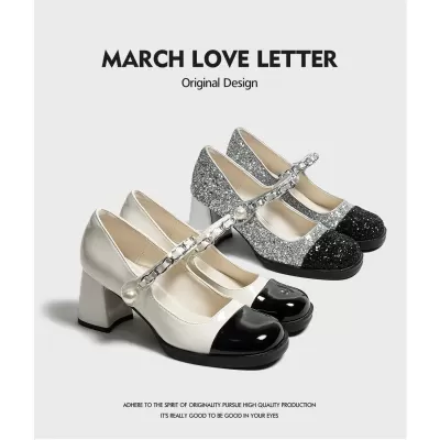 Spring Elegant Chanel Style Mary Jane Pumps for Women, Black White Chunky Heel