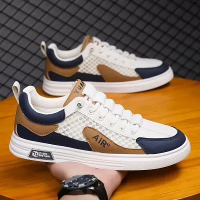 Men's Summer Breathable Thin Mesh Hollow Casual Slip-On White Board Sports Flat Shoes