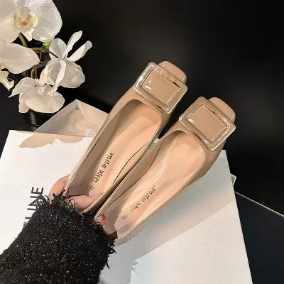 New Spring Elegant Square Toe Buckle Flats for Women, Office Slimming Shoes
