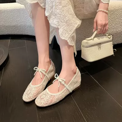 3.5cm Platform Square Toe Lace Mesh Bow Mary Jane Shoes for Women, Ballet Style