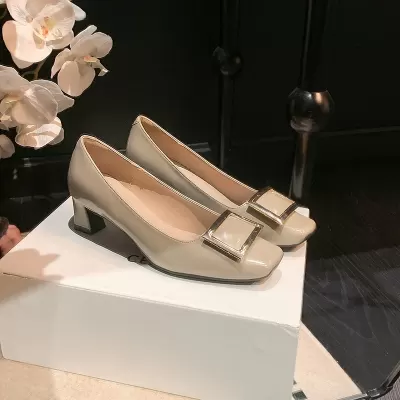New Summer Classic Square Buckle Chunky Heel Pumps for Women, Office Flats