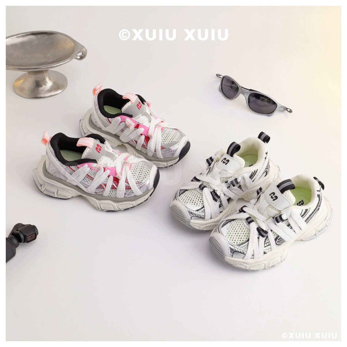 XSHX Paris Spider Web Breathable Mesh Kids Slip-On Chunky Sneakers Spring Summer