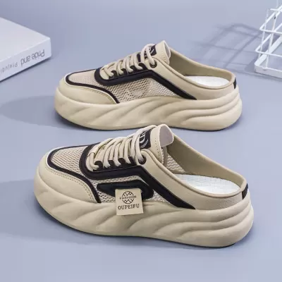 Summer Women's Slip On Sandals Breathable Canvas Shoes Korean White Mesh Semi Slippers · YANYAN China shoe factory