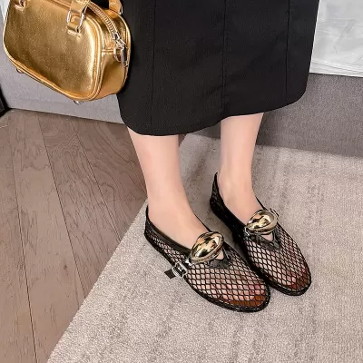 Women's Round Toe Flat Mary Jane Shoes Mesh Cut Out Metal Buckle Summer