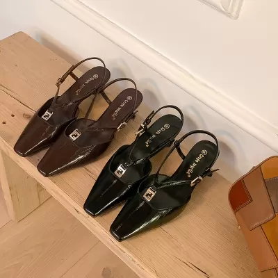 Women's Square Toe Kitten Heel Mules Sandals with Gold Buckle Office 2025