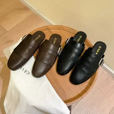 Women's Carved Tassel Mules Slip On Loafers Flat Shoes Spring Summer Retro