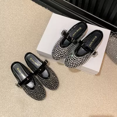 Women's Rhinestone Mesh Ankle Strap Closed Toe Mules Sandals Summer