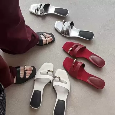 New Elegant Low Heel Slide Sandals for Women 2025 Square Toe French Metal Toe Separator