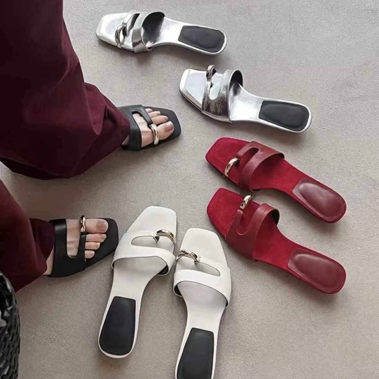 New Elegant Low Heel Slide Sandals for Women 2025 Square Toe French Metal Toe Separator