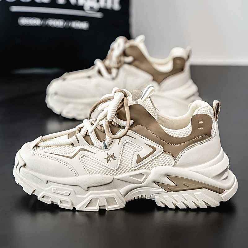 Men's Spring Teen Trendy Mesh Breathable Dad Shoes Height Increase Thick Sole Running Sports