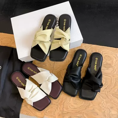Women's Soft Leather Square Toe Cloud Mules Slides Summer Beach