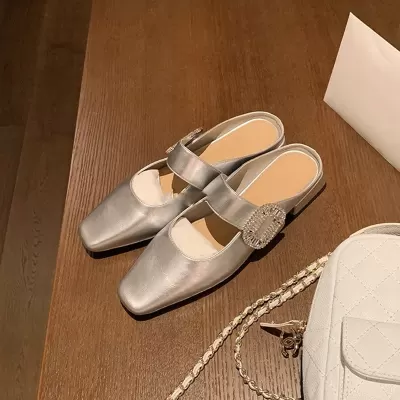 Women's Square Toe Low Heel Mules with Rhinestone Buckle Office Summer