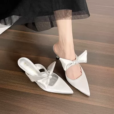 Women's Satin Pointed Toe Bow Mules Stiletto Heels Closed Toe Sandals · YANYAN China shoe factory