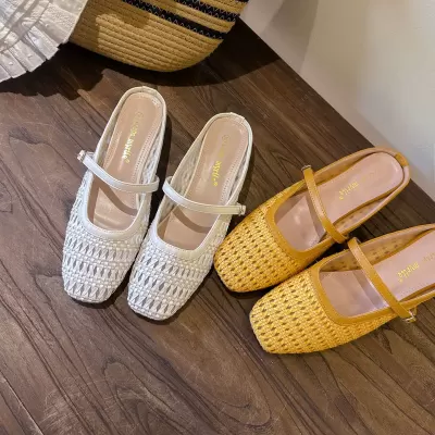 Women's Square Toe Woven Chunky Heel Mules Sandals Summer Retro