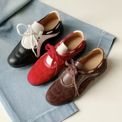 Korean Thick Sole Sporty Mary Jane Shoes for Women New Color Block Round Toe Vintage Lace Up · YANYAN China shoe factory