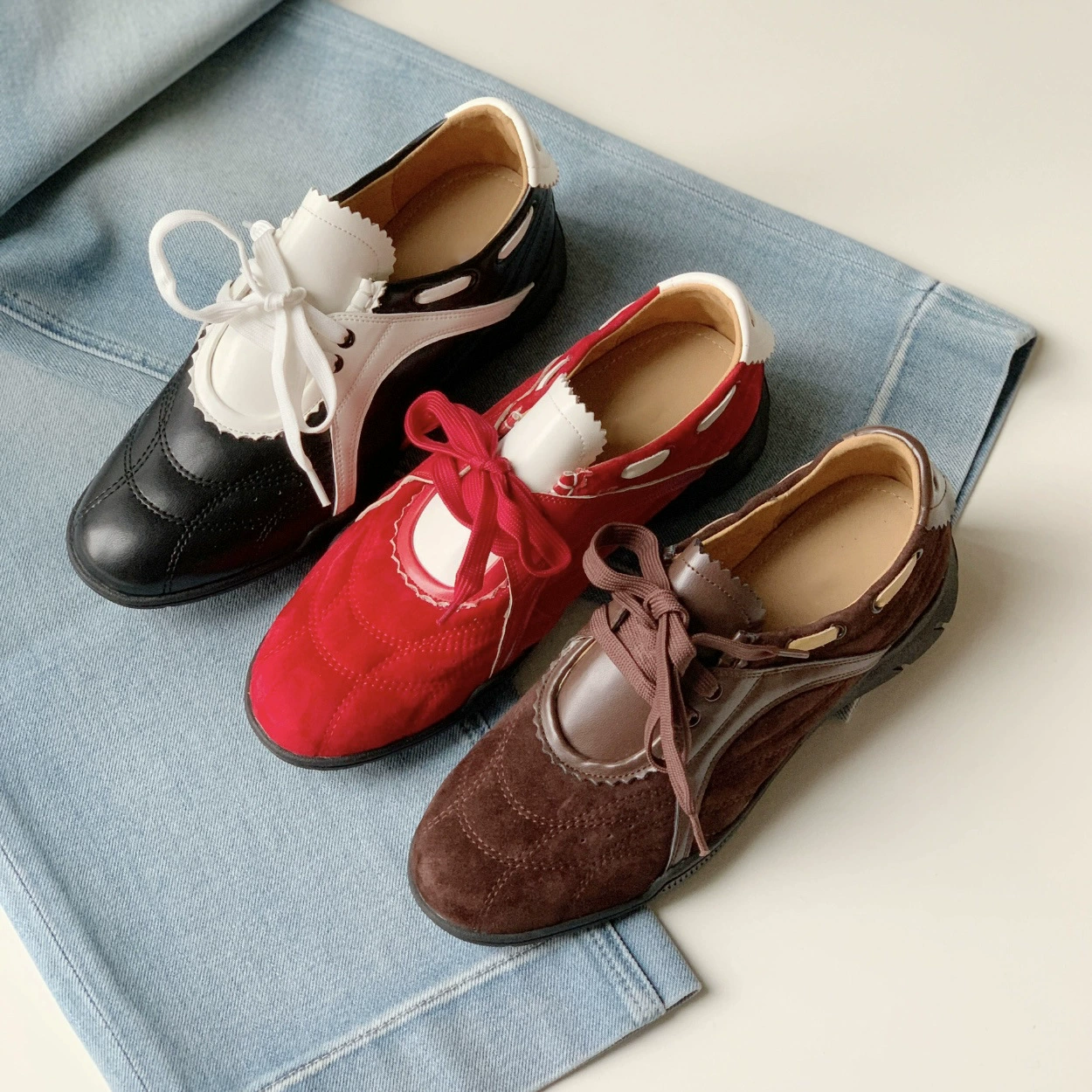 Korean Thick Sole Sporty Mary Jane Shoes for Women New Color Block Round Toe Vintage Lace Up