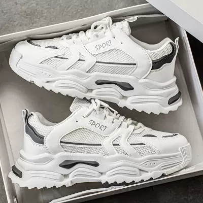 2026 Winter Men's Breathable Mesh White Sneakers, Height-Increasing Thick Sole Dad Shoes · YANYAN China shoe factory