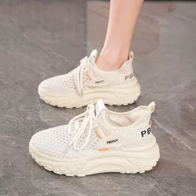 Summer Women's Breathable Hollow Mesh Shoes Korean Thick Sole Flyknit Casual Dad Sneakers · YANYAN China shoe factory