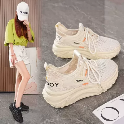 Summer Women's Breathable Hollow Mesh Shoes Korean Thick Sole Flyknit Casual Running Sneakers · YANYAN China shoe factory