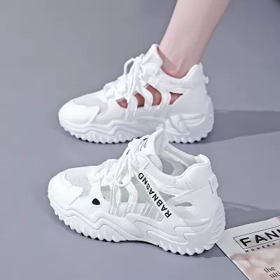 Korean Style Women's Summer Hollow Mesh Breathable Student Casual Thick Sole White Sneakers