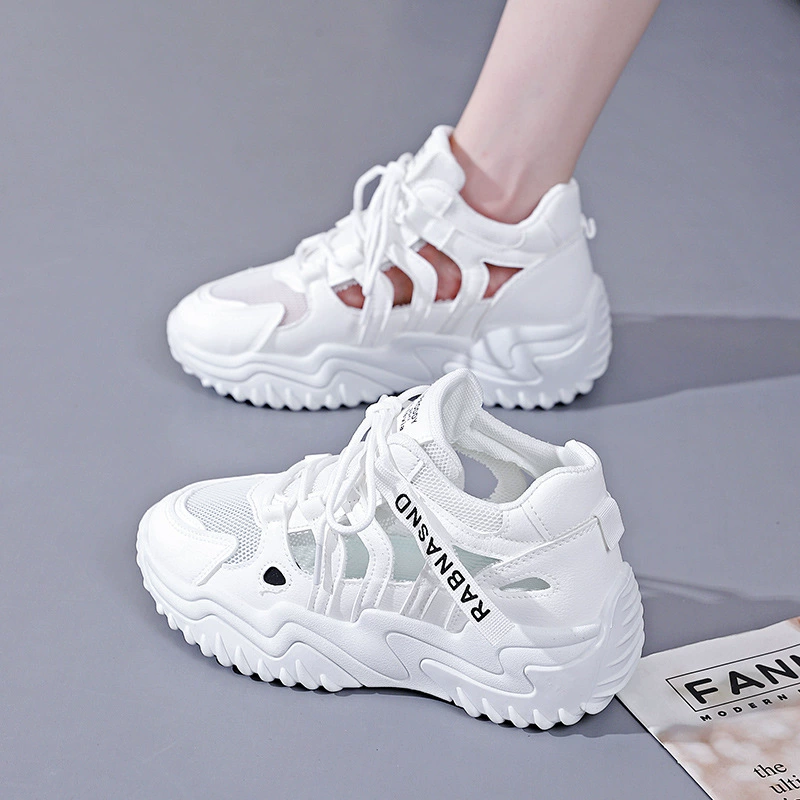 Korean Style Women's Summer Hollow Mesh Breathable Student Casual Thick Sole White Sneakers