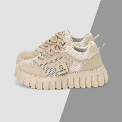 2025 Summer Women's Breathable Hollow Mesh Shoes Korean Thick Sole White Casual Sneakers · YANYAN China shoe factory