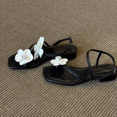 Summer New Chanel Style Open Toe Square Toe Camellia Strap Sandals for Women Flat