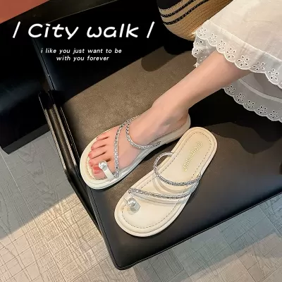 Women's Pearl Toe Loop Flat Slides Sandals Beach Summer Casual