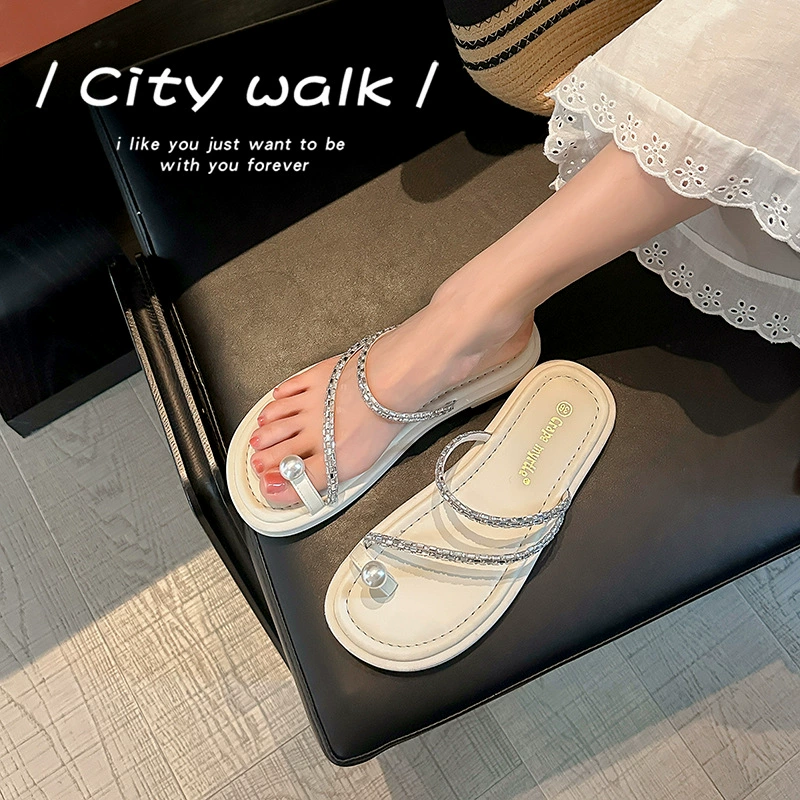 Women's Pearl Toe Loop Flat Slides Sandals Beach Summer Casual