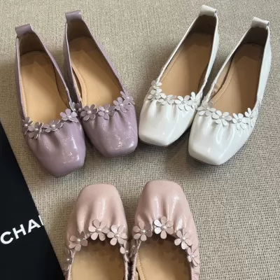 French Flower Square Toe Ballet Flats for Women Spring Summer Casual Soft Leather Height Increase · YANYAN China shoe factory
