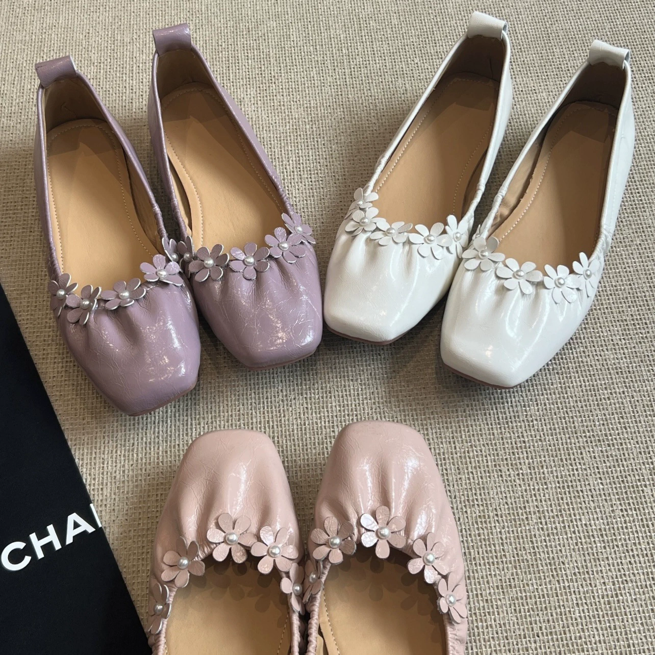 French Flower Square Toe Ballet Flats for Women Spring Summer Casual Soft Leather Height Increase
