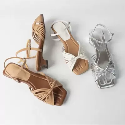 French New Vintage Woven Square Toe Open Toe Roman Sandals for Women Summer Kitten Heel
