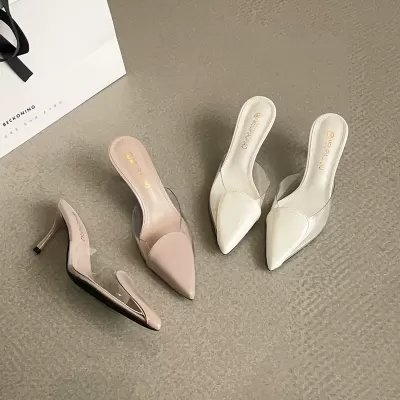 Women's Pointed Toe Transparent Heart Stiletto Heel Slides Sandals Spring