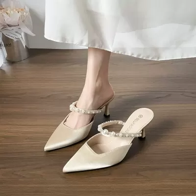 Women's Pointed Toe Pearl Ankle Strap Stiletto Heel Closed Toe Sandals Summer