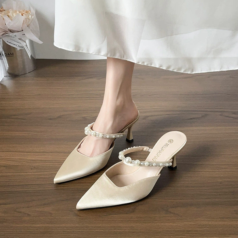 Women's Pointed Toe Pearl Ankle Strap Stiletto Heel Closed Toe Sandals Summer