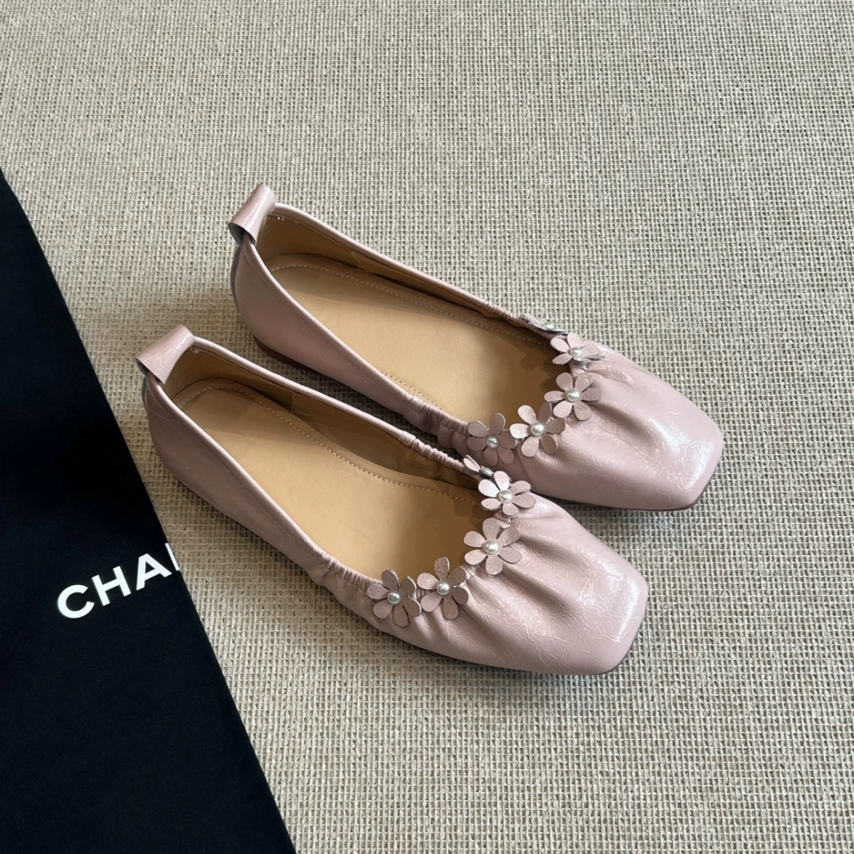 French Flower Square Toe Ballet Flats for Women 2025 Spring Summer Height Increase Fairy