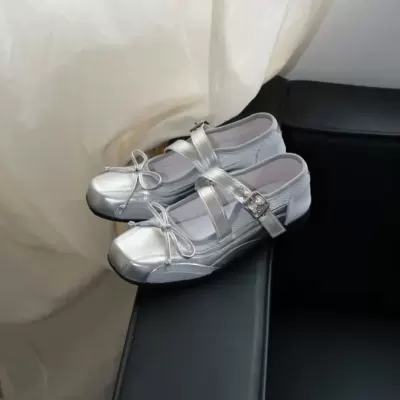 French Bow Ballet Shoes for Women Summer Breathable Silver Square Toe Mary Jane Mesh · YANYAN China shoe factory