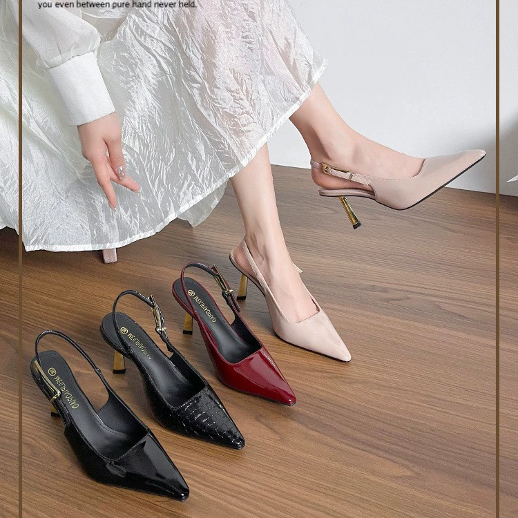 Women's Pointed Toe Wine Red Patent Leather Stiletto Heel Open Back Sandals