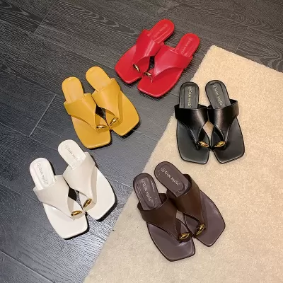 Women's Square Toe Metal Buckle Low Heel Slides Sandals Summer Trendy