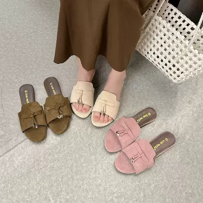 Women's Summer Retro Tassel Buckle Slide Sandals Flat Beach Slippers