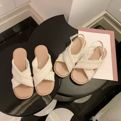 Women's Summer Flat Sandals Two Versions Cross Woven Open Toe Slides