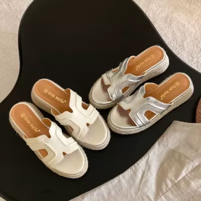 Women's Summer 6cm Platform Woven Wedge Heel Slide Sandals Retro Style