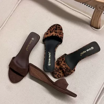 Women's Summer Leopard Print Wedge Heel Slides High Heel Sandals