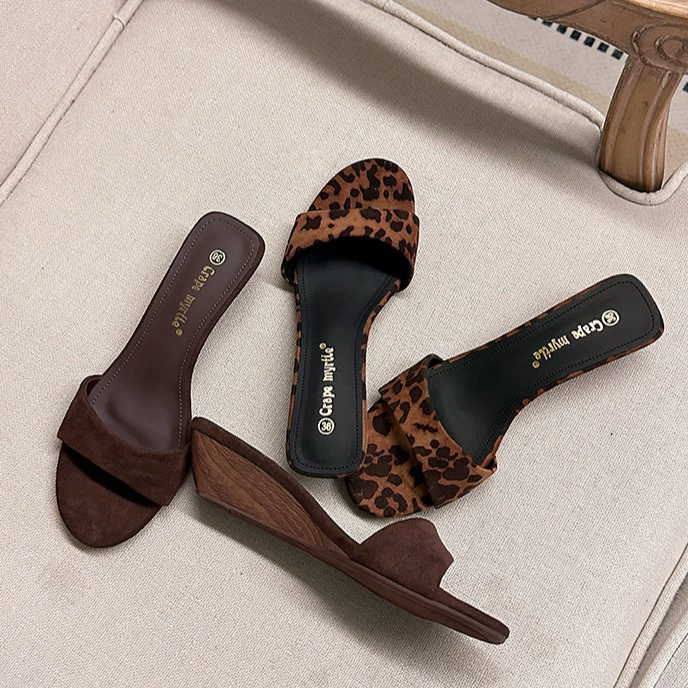Women's Summer Leopard Print Wedge Heel Slides High Heel Sandals