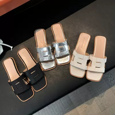 Women's Summer Cutout Square Toe Flat Beach Slide Sandals French Style