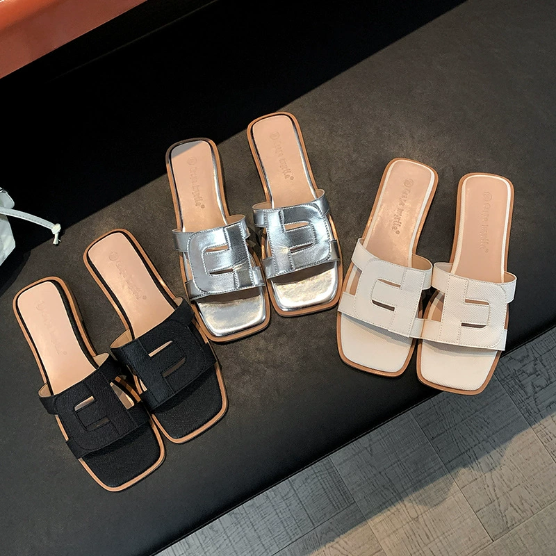 Women's Summer Cutout Square Toe Flat Beach Slide Sandals French Style