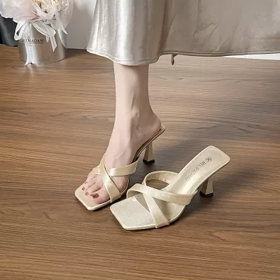 Women's Summer Soft Leather Cross Strap Satin Square Toe High Heel Sandals